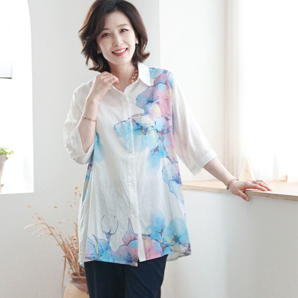 T55875[당일발송]수채꽃작품 카라롱셔츠한폭의 예술작품같은 아름다움, 엄마옷